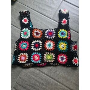 Judson Womens Crochet Granny Floral Crop Top‎ Multicolor Black  Festival Medium
